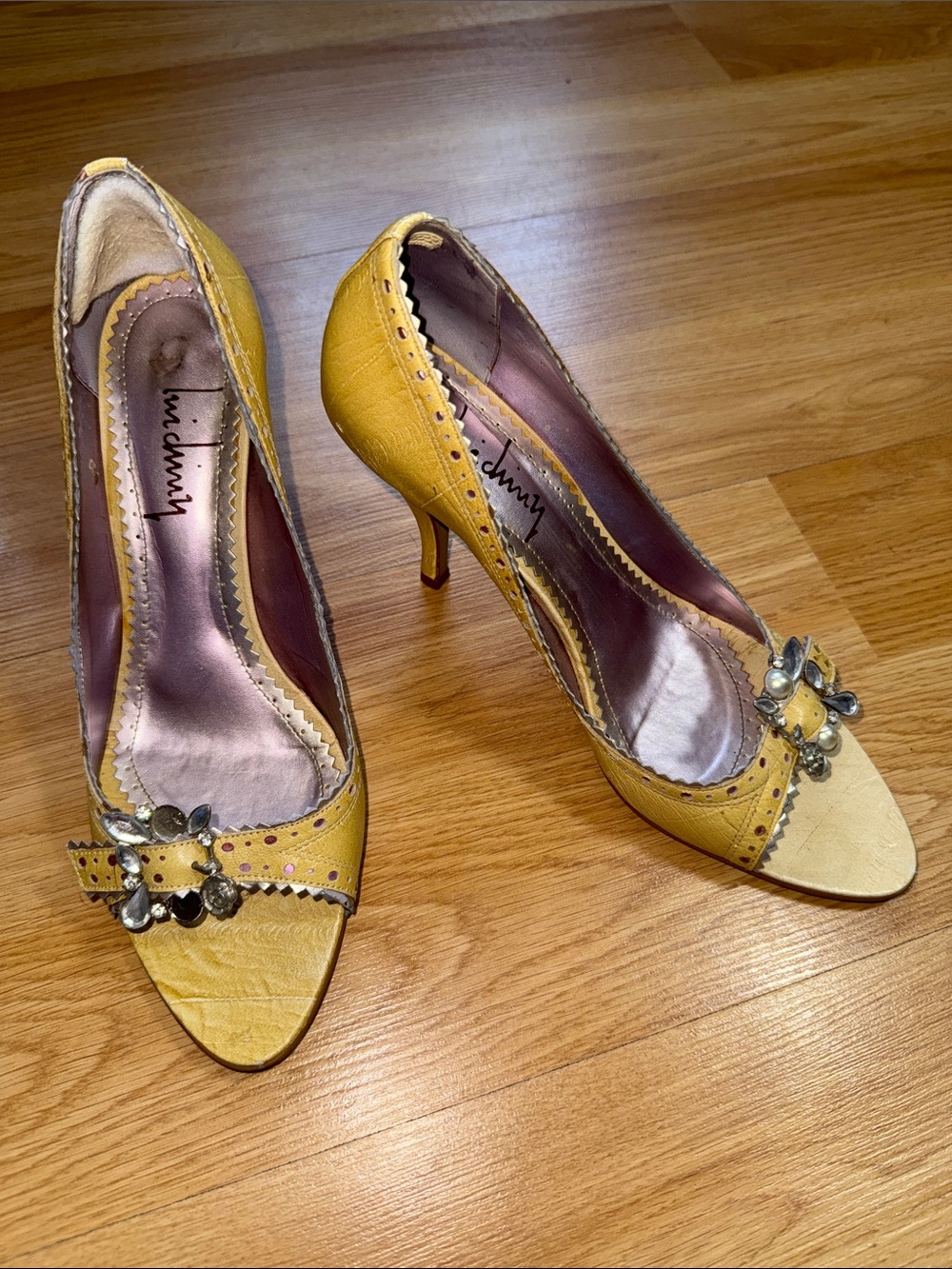 Vintage Luichiny Yellow Peep-Toe Heels Crystal Buckle Made in Brazil y2k size 9